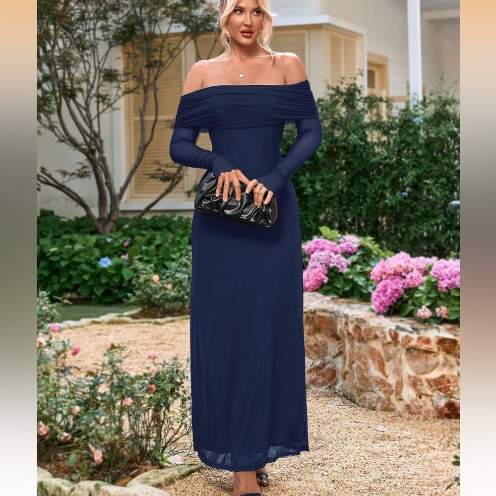 Off-Shoulder Navy Long Sleeve Maxi Dress